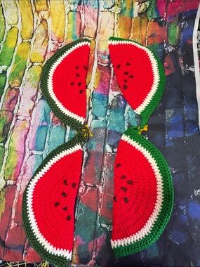 Handmade Crochet Watermelon pot holder or wall art- Red & Green